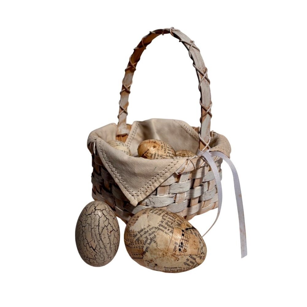Primitive Decoupage Eggs in Rustic Basket - 7 Piece - Set Neutral Spring Decor